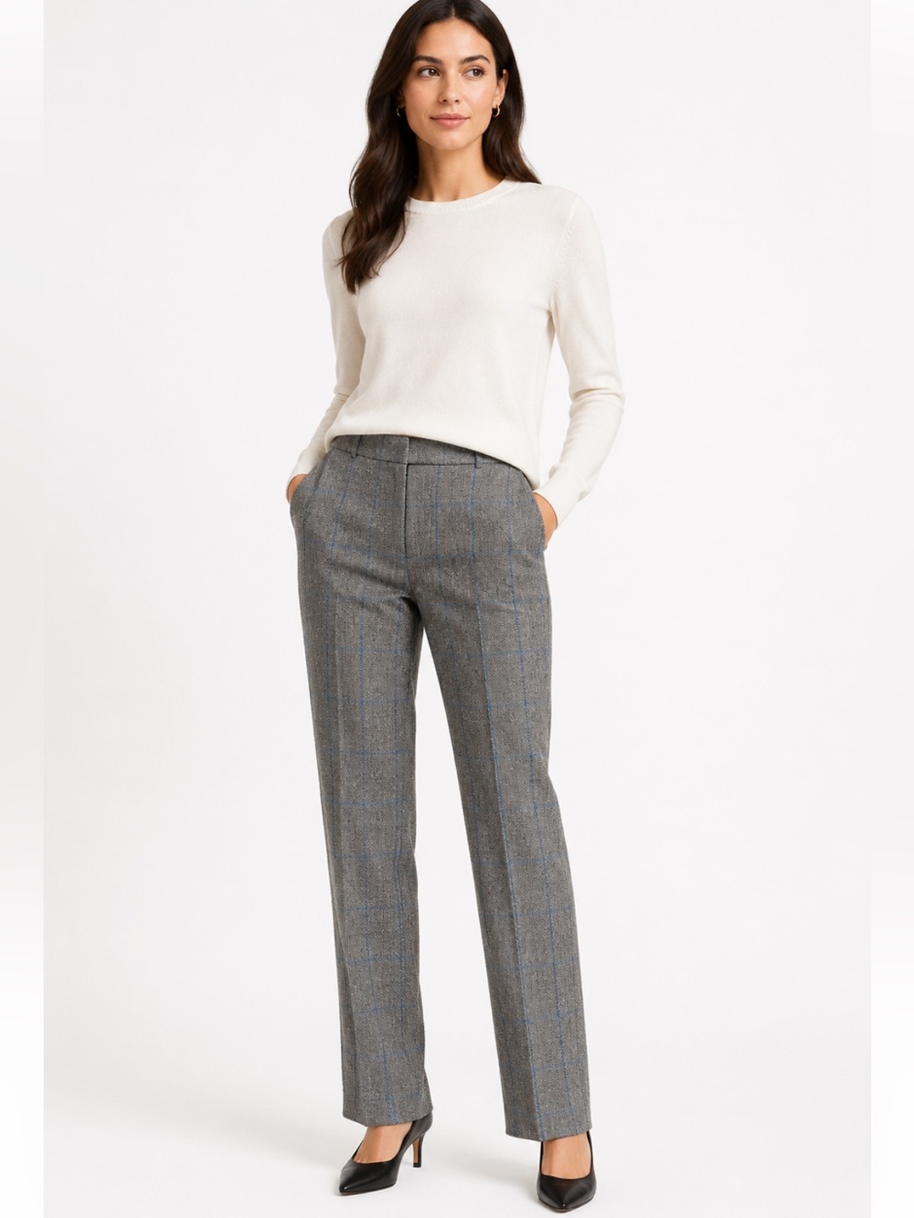 Theory Plaid Straight-Leg Tailored Wool Blend Trousers Minimalist Workwear